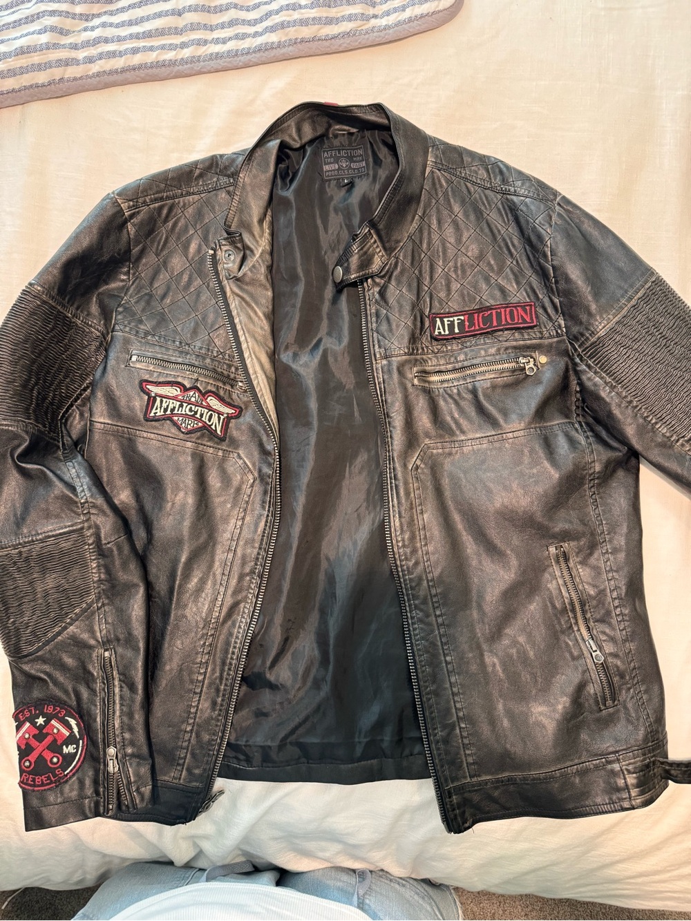 Affliction Black Leather Bomber Jacket with Red Patch Accents